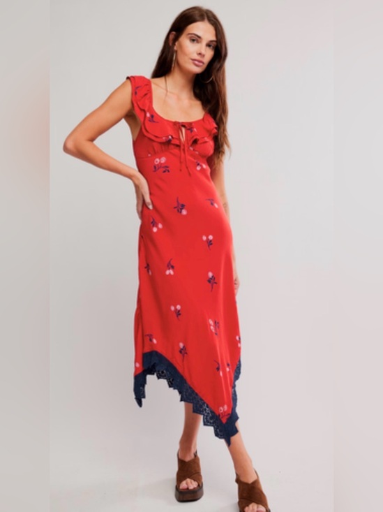 Free People Dresses & Skirts - Free People Flock Together Midi Dress Red Lace Hem Size Small NWT